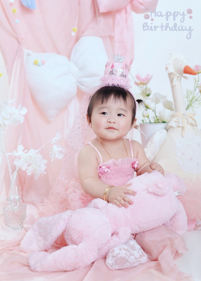 Charming baby girl in pink dress celebrates birthday with plush toys.